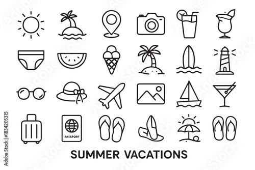 Collection of detailed summer vacation line icons featuring travel elements, beach items, tropical drinks, holiday symbols, and warm-weather activities