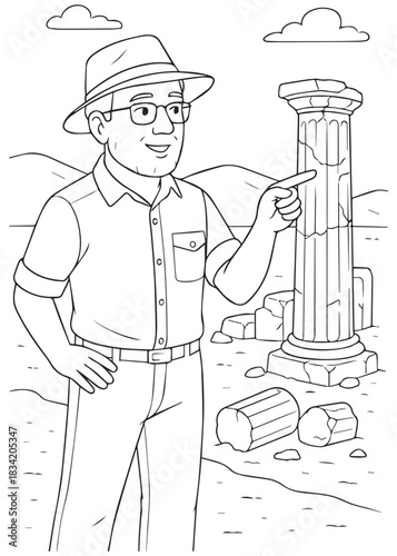 Coloring book Father archaeologist teaching history at archaeological ruins