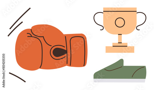 Boxing glove in action, trophy, and sneaker representing sports achievement. Ideal for victory, motivation, competition, excellence, fitness goal setting perseverance. Simple flat metaphor
