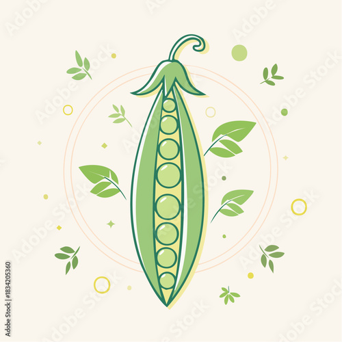 Healthy Green Pea Pod Illustration With Leaves And Circles On A Creamy Yellow Background
