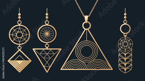 Elegant geometric jewelry collection featuring gold triangles and circles, perfect for modern fashion designs and upscale accessory branding, originally vector art