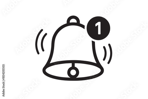 Minimalist black notification bell icon with alert badge and ringing motion lines for apps, interfaces, reminders, and communication systems