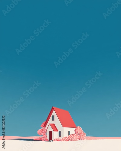 Whimsical House Surrounded by Colorful Plants Under a Blue Sky