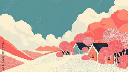 Serene Landscape with Colorful Houses and Lush Trees