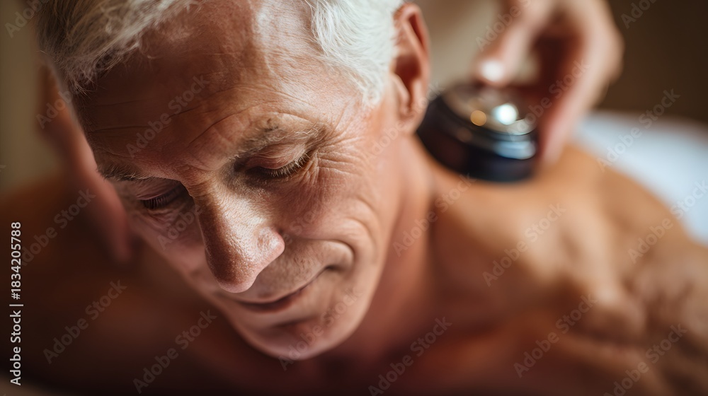 Fototapeta premium holistic energy cupping therapy on elderly man wellness photography soft warm colors