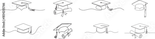 Graduation cap and rolled diploma line art set, continuous single line style, graduation cards, invitations.