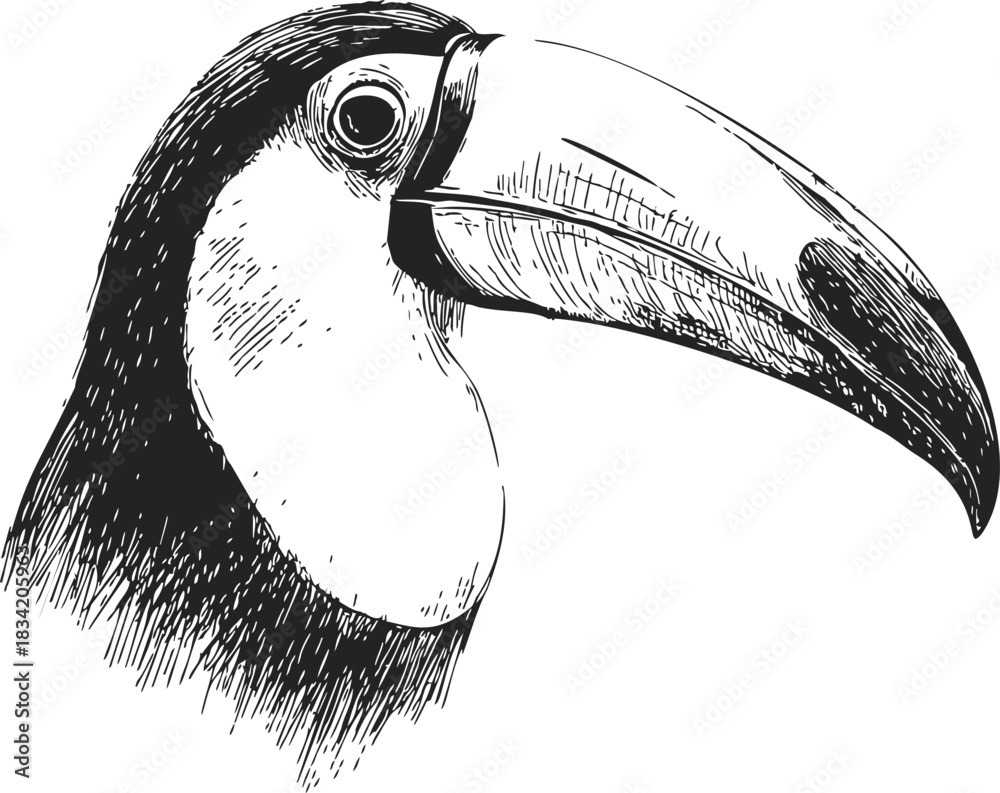 Obraz premium Toucan head sketch, hand drawn vector, detailed tropical bird portrait. Vector illustration