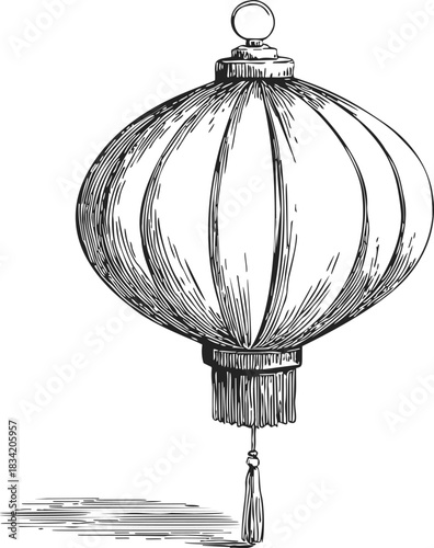 Chinese lantern sketch hand drawn with tassel and ornate top. Vector illustration