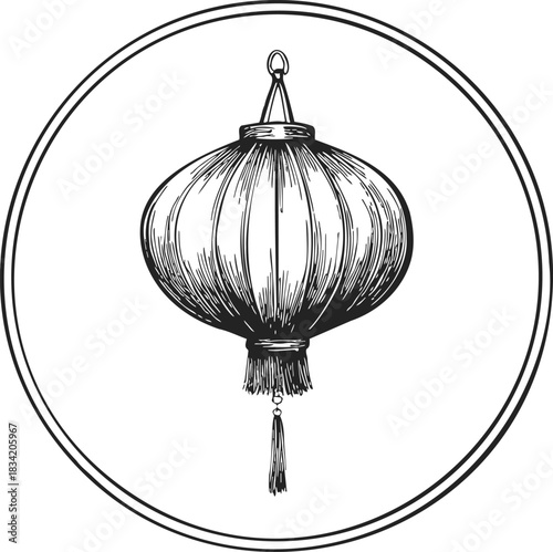 Chinese lantern sketch, hand drawn round hanging lantern with tassel in circle frame. Vector illustration