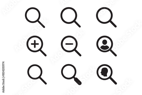 Magnifier and Zoom Vector Icons with Lens, Search, and Highlight Symbols