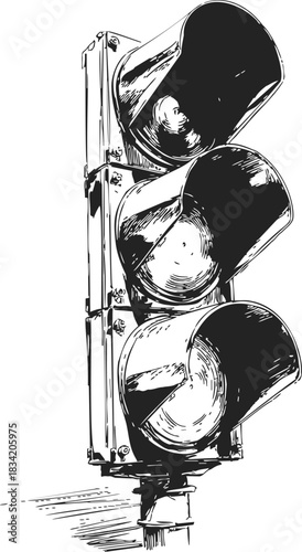 Traffic light sketch hand drawn style with detailed signal housing. Vector illustration
