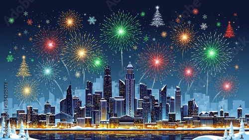 Vibrant fireworks illuminate a snow covered city skyline at night reflecting in the water below with festive christmas trees adding to the holiday celebration