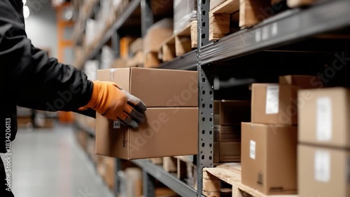 Warehouse Worker Retrieves Cardboard Box from Shelf Logistics and Distribution.