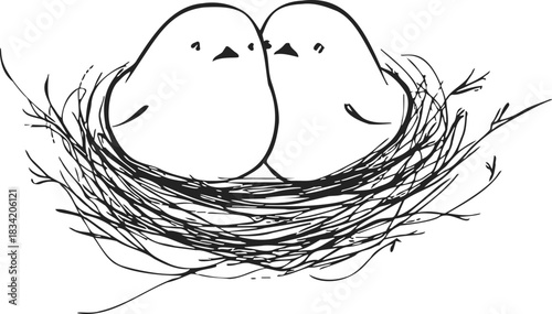 Birds in nest sketch, hand drawn line art, two birds cuddling in twigs. Vector illustration