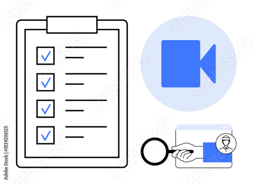 Quality control, data verification, process management, communication tools, security inspection, organization practices. Includes a checklist, video icon and magnifying glass. Data verification