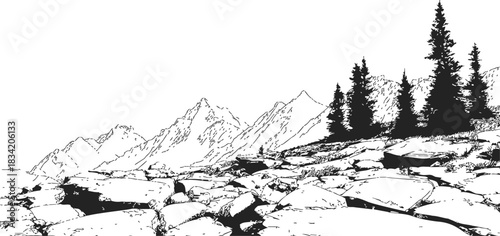 Mountain landscape sketch, hand drawn rocky terrain with pine trees and distant peaks. Vector illustration