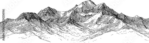 Mountain range sketch, hand drawn line art with detailed peaks and ridges. Vector illustration