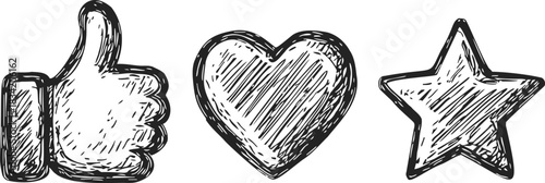 Thumbs up heart star sketch hand drawn icons set. Vector illustration