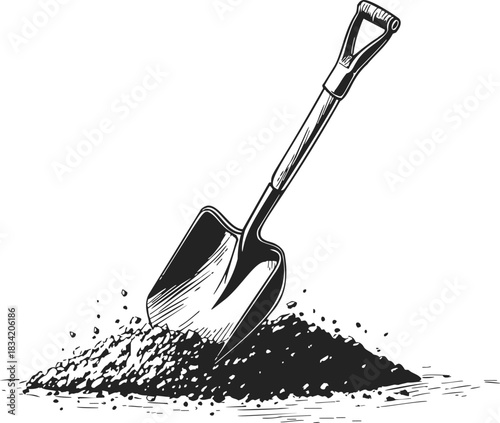 Shovel hand drawn sketch digging into soil with dirt pile. Vector illustration