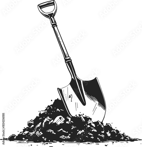 Shovel sketch hand drawn style digging into soil pile. Vector illustration