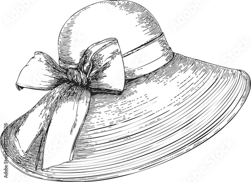 Wide brim hat sketch with ribbon bow, hand drawn elegant summer accessory. Vector illustration