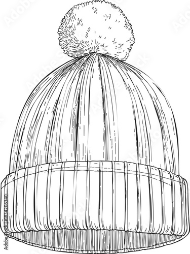 Knit winter hat sketch, hand drawn with ribbed fold and pom pom. Vector illustration