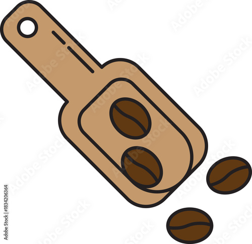 Vector illustration of a scoop with coffee beans, including three inside and two outside. Perfect for café branding, barista tools, coffee-themed icons, and cozy lifestyle or packaging visuals.