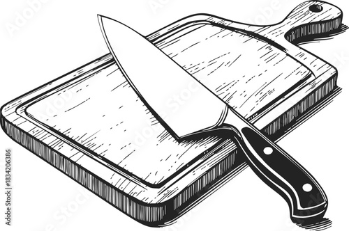 Chef knife and cutting board sketch, hand drawn kitchen utensils composition. Vector illustration
