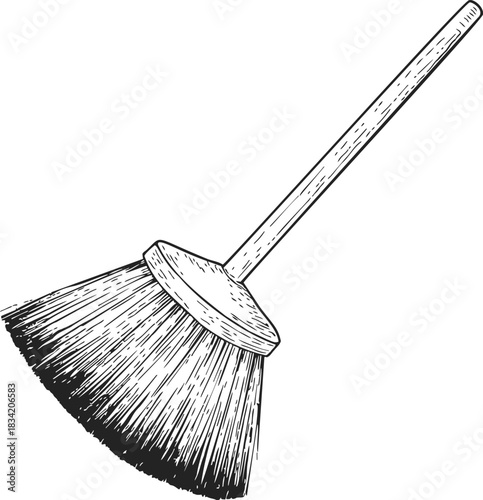 Broom sketch hand drawn cleaning tool with wooden handle and bristles. Vector illustration