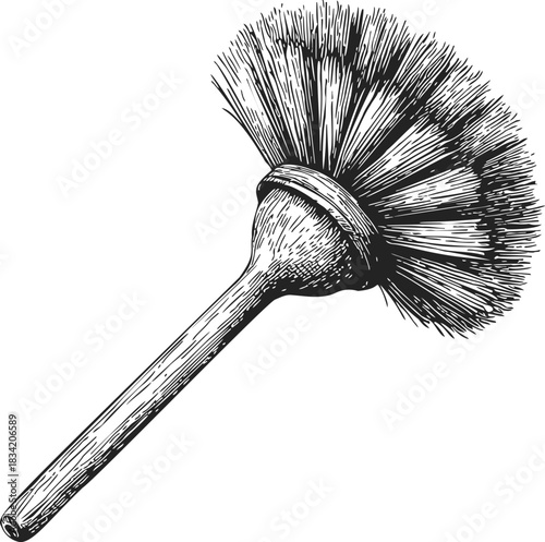 Feather duster sketch hand drawn cleaning tool with wooden handle. Vector illustration