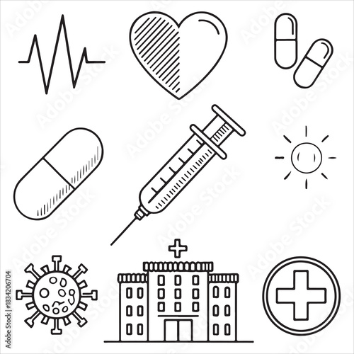 Medical icon set — heart pulse, medical cross, pill capsule, syringe outline, thermometer, hospital building — black & white minimal vector style