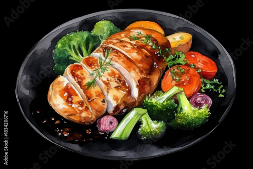Chicken Fillet with Vegetables Illustration Broccoli, Tomatoes and Soy Oil on Plate, Vector Isolated on Black isolated Background