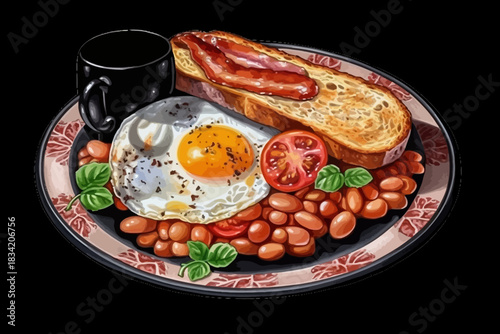 Full English Breakfast Illustration Fried Egg, Bacon, Beans, Toast and Vegetables on Black Background