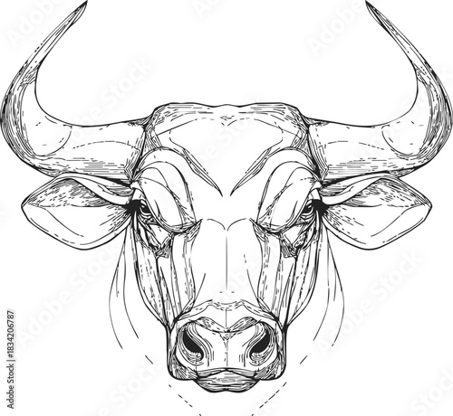 Bull head sketch hand drawn front view with detailed horns and facial features. Vector illustration