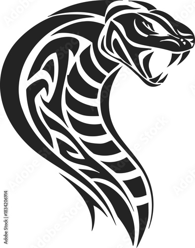 Cobra snake tribal tattoo, sketch hand drawn style, aggressive open mouth pose. Vector illustration