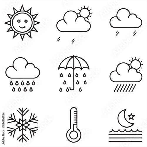 Minimal weather icon pack — sun, cloud, rain, storm, snow, wind, temperature meter — monochrome vector outline style