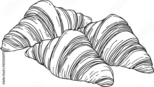 Croissants sketch hand drawn trio with detailed flaky texture. Vector illustration