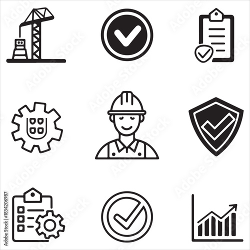 Construction, Safety, Verification and Performance Line Icons Set