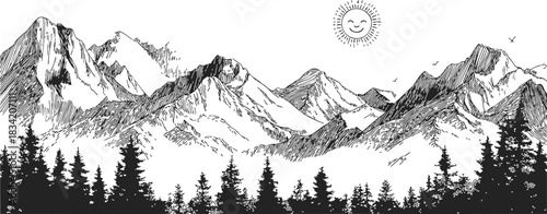 Mountain landscape sketch, hand drawn pine forest, sun and birds in background. Vector illustration