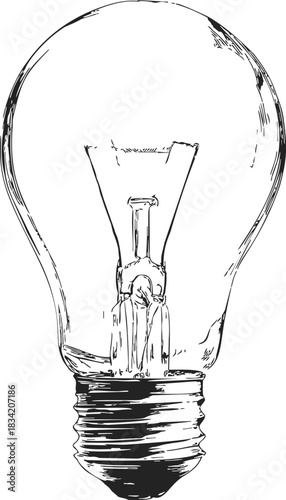 Light bulb sketch hand drawn style with detailed filament and screw base. Vector illustration