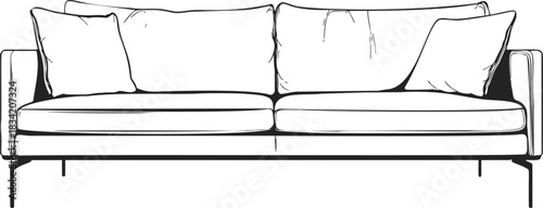 Sofa sketch hand drawn with cushions front view minimalist style. Vector illustration