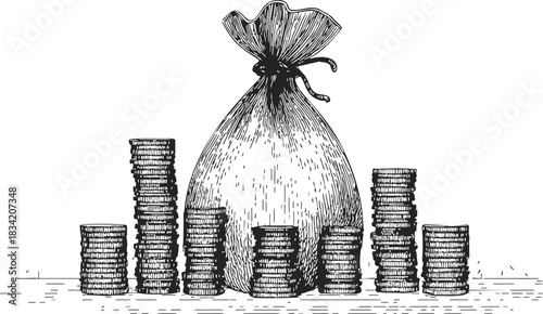 Money bag sketch with stacked coins, hand drawn vintage financial scene. Vector illustration