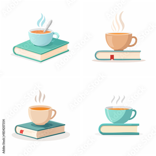 Cups of tea on books illustration set collection of various views and colors design elements isolated on white
