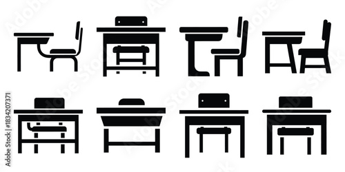 classroom desk silhouette icon set