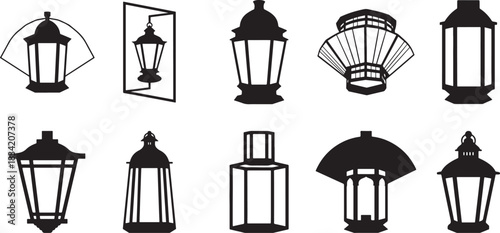 Vintage Street Lamp and Decorative Lantern Silhouettes Vector Set: Classic Light Fixture Icons and Graphics Collection