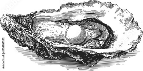 Oyster with pearl sketch, hand drawn detailed shell and gemstone. Vector illustration