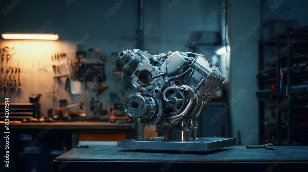 Fototapeta premium clean photo of modern small turbo engine on a stand, bright workshop light, minimal clutter, smooth metallic surfaces, calm technical mood