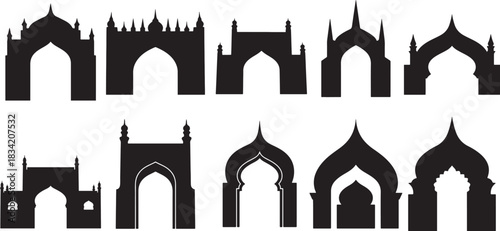 Islamic and Mughal Architecture Arch and Gate Silhouettes Vector Set: Oriental, Indian, and Middle Eastern Building Icons Collection