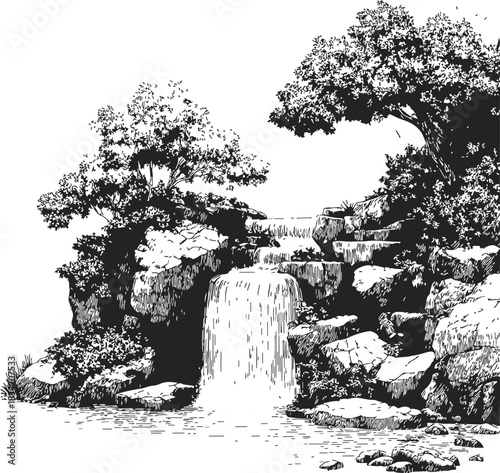 Waterfall sketch, hand drawn vector landscape with rocks, trees, flowing water. Vector illustration