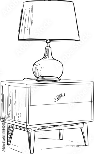 Table lamp on nightstand sketch, hand drawn line art furniture scene. Vector illustration